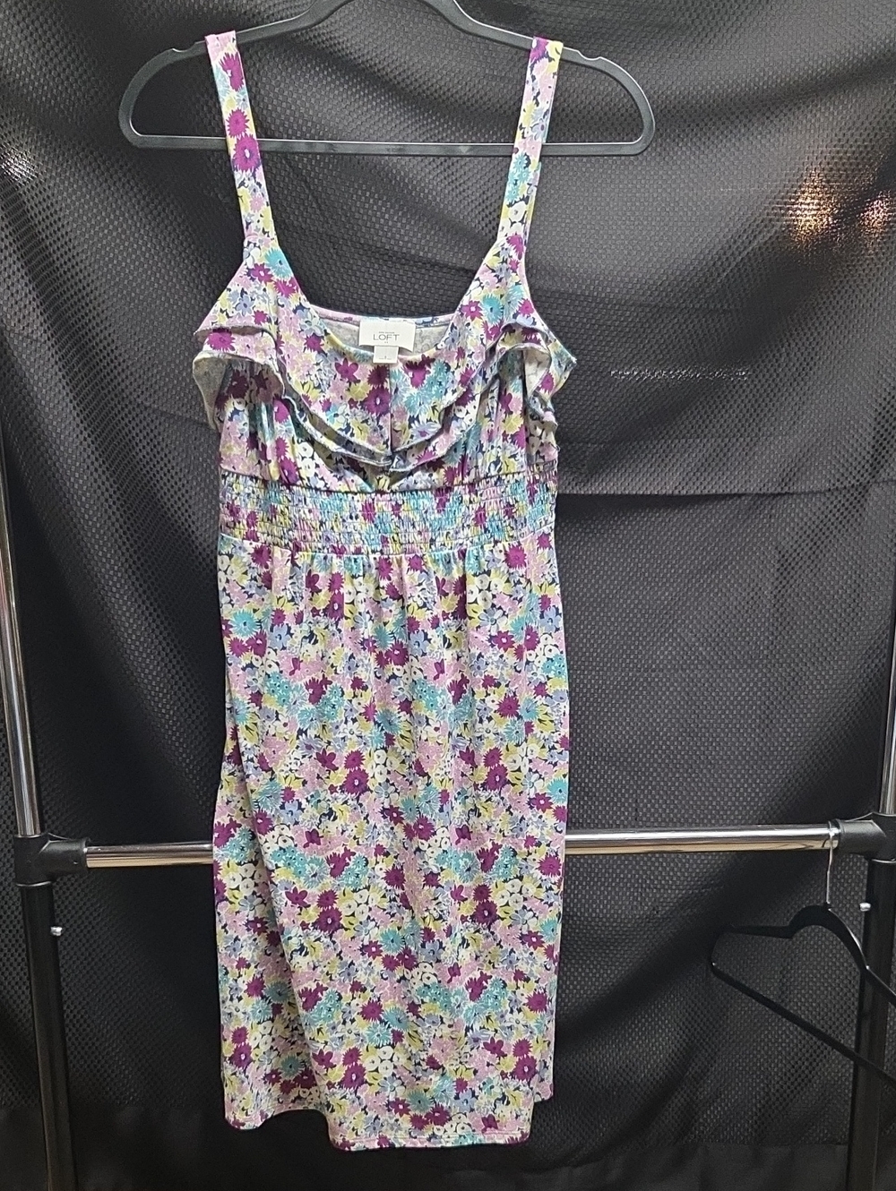 LOFT Purple Floral Midi Sundress with Ruffle Neckline